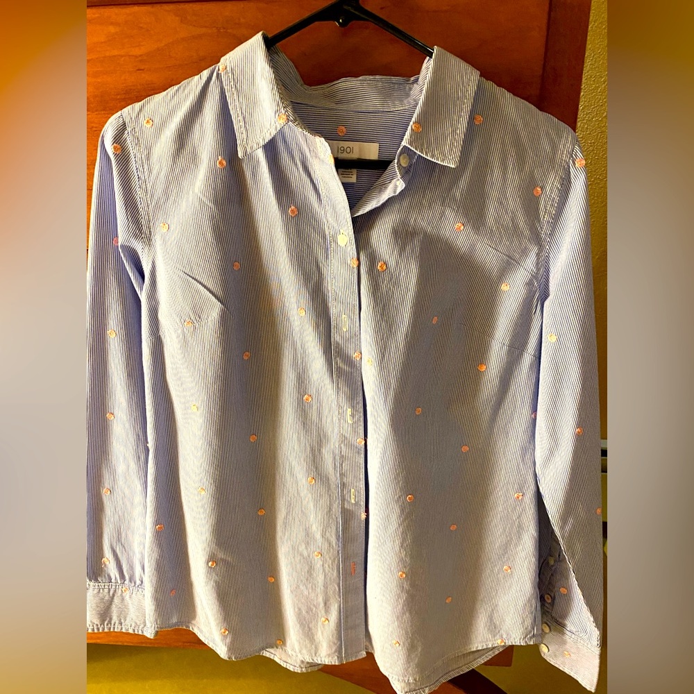 Women’s shirt brand 1901 (Nordstrom) blue pin stripe with embroidered flowers
